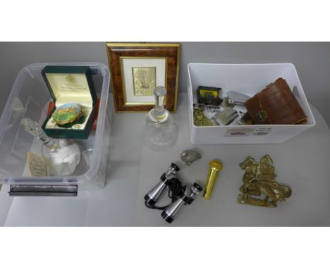 An enamel circular box, two glass bells, silver picture, lighters, etc. **PLEASE NOTE THIS LOT IS NOT ELIGIBLE FOR POSTING AN