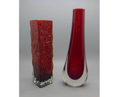 A Whitefriars ruby red glass vase and one other vase 