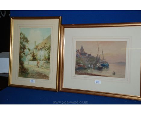 Two Watercolours, one depicting two young girls in a lane outside a thatched cottage, signed lower left, the other a Seascape