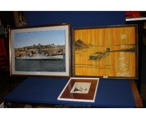 An Oil on board by J.H. Poole of figures walking from a boat in the sunset,  21 1/2'' x 17'', a Print of Yachts at Wroxham an