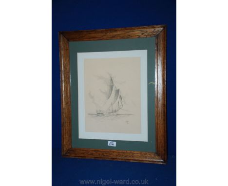 A framed and mounted Print of a Pencil sketch depicting a sailing ship, signed lower right Joni PTW. 10'' x 13 1/2''