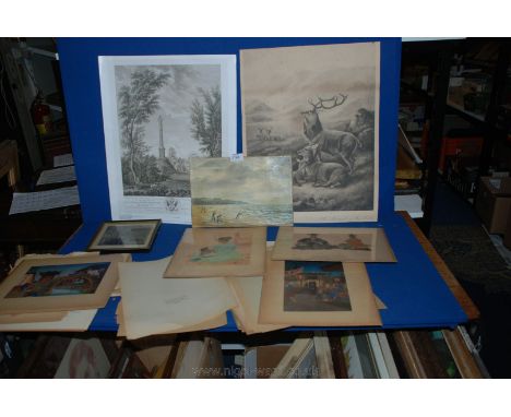A small Oil on canvas depicting figures fishing, an Etching of Hereford Cathedral, a folder of oriental Prints and an unframe