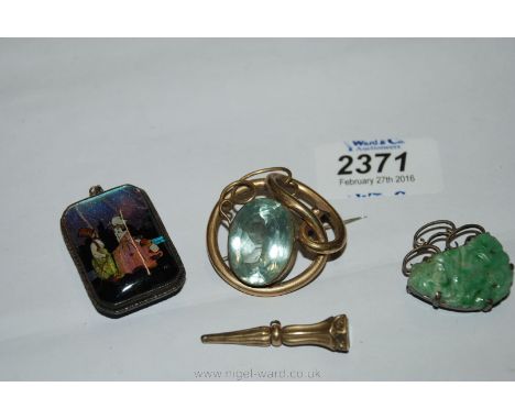 A Silver set Butterfly wing Pendant, Jade brooch and a Brooch with a large oval Turquoise stone