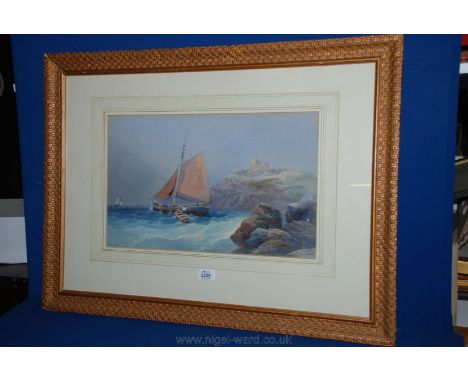 A framed and mounted Watercolour depicting a Seascape with a sailing boat on rough sea near to a cove with the ruins of a bui