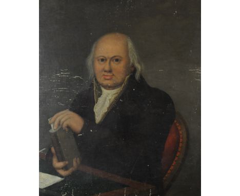 Continental school, 19th century, Portrait of a gentleman, wearing a white cravat and burgundy jacket holding a bok, oil on c