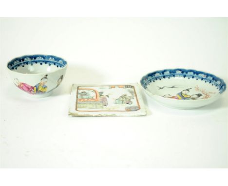 An 18th century Chinese export footed bowl and dish, each hand-painted with figures in courtyard settings with swallows in fl