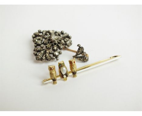 A 19 th century diamond set pendant (broken), together with a pearl and enamel owl bar brooch, stamped ‘585 '