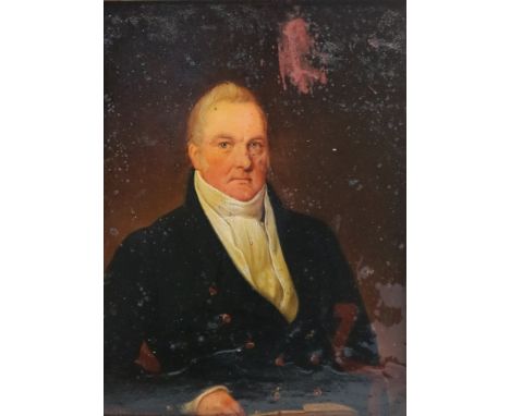 British school, 19th century, Portrait of George Bayles, half length wearing a black jacket and white cravat, oil on panel, 2