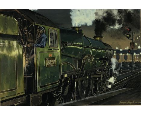 George Heiron, King John steam engine, signed and dated 1966 lower left, watercolour, 36.5 x 52cm