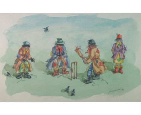 Albin Trowski (1919-2012), Four tramps playing cricket, signed and dated '97 lower right, watercolour over pen and ink, 29 x 