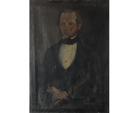 Brirish school, 19th century, Portrait of a gentleman holding a telescope, oil on canvas, 78 x 54cm, unframed