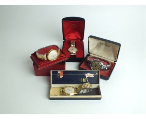 A collection of four circa 1970's men's wristwatches consisting of a gold plated Oris with a period 'Fixoflex' bracelet, silv