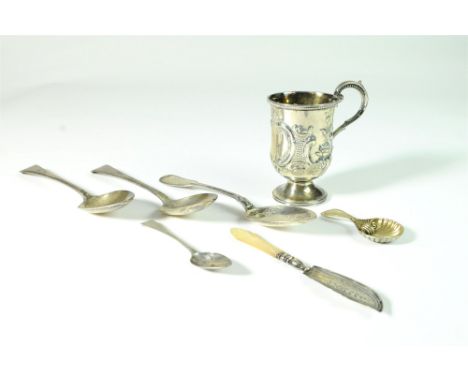 An Exeter silver Christening mug, Josiah Williams &amp; Co, with embossed decoration, together with a silver caddy spoon, a G