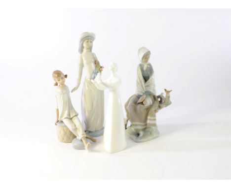 A collection of Spanish and other figures including a Nao and Lladro figures of young girls, a Lladro figure of a woman sat o