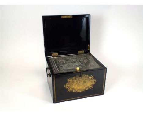 A large late 19 th / early 20 th century Chinese chinoiserie lacquered food box/caddy, the black exterior decorated with chin