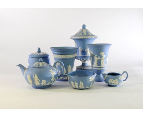 A collection of Wedgwood blue and white jasperware 20th century, including a twin-handled campagna vase and cover, a biscuit 