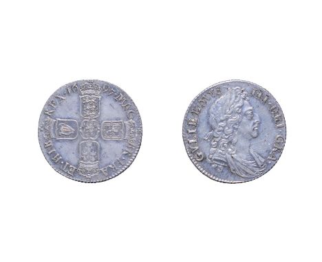 William III 1697 Shilling. Obv: First laureate and draped bust right. Rev: Cruciform shields. S. 3497. Lustrous, Near Extreme