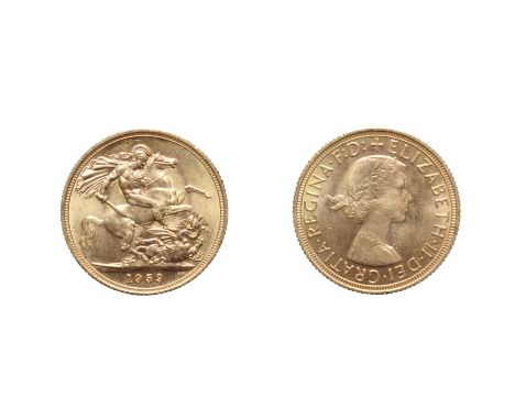 Elizabeth II 1959 Sovereign. Obv: First portrait right. Rev: St. George and the dragon, 1959 in exergue. S. 4125. Some contac