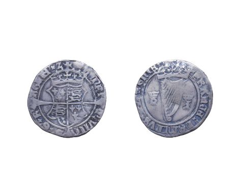 Ireland, Henry VIII, 1536 - 1537 Groat. Mintmark crown, first harp issue. 2.10g, 23.4mm, 9h. Obv: Crowned coat-of-arms over l