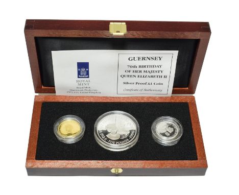 Guernsey, a 3-Coin Gold &amp; Silver Proof Set 1996 commemorating the Queen's 70th birthday &amp; comprising: gold proof £25 