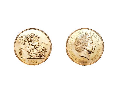 Elizabeth II, 2001 'Sovereign' Five Pounds. Obv: Fourth portrait right. Rev: St. George and the dragon, 'U in circle' privy m
