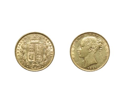 Victoria, 1854 Sovereign. Obv: First young head left. Rev: First crowned shield. S. 3852. Very Fine. 