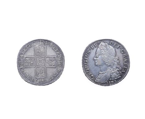 George II, 1745 LIMA Halfcrown. Obv: Laureate and draped bust left, LIMA below. Rev: Cruciform shields. NONO edge. S. 3695. G