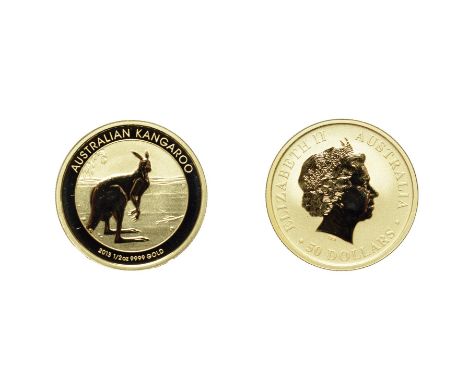 Australia, 2013 50 Dollars, 1/2 oz .999 Gold. Obv: Fourth portrait right. Rev: Kangaroo in the bush. Brilliant Uncirculated. 