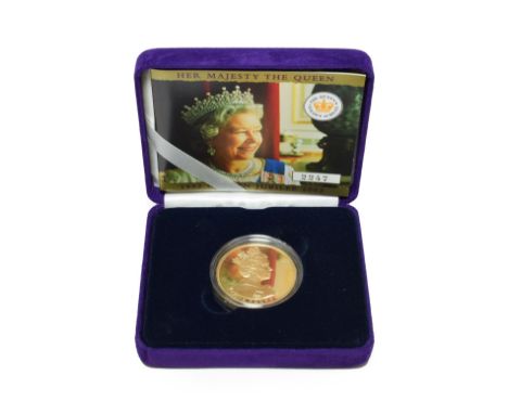 Elizabeth II, Gold Proof Crown 2002 'Queen's Golden Jubilee'  obv. AMOR POPULI etc around equestrian portrait of the Queen by