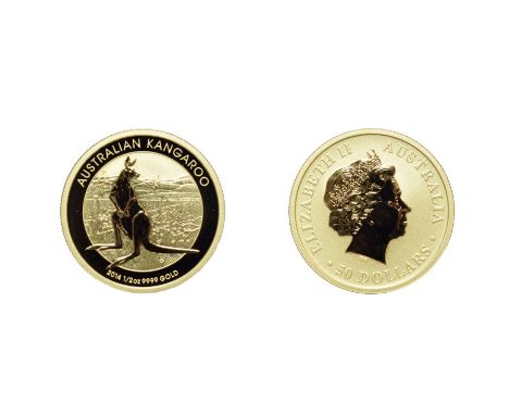 Australia, 2014 50 Dollars, 1/2 oz .999 Gold. Fourth portrait right. Rev, Kangaroo at sunset. Brilliant Uncirculated.  