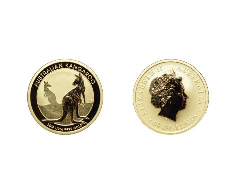 Australia, 2016 50 Dollars, 1/2 oz .999 Gold. Obv: Fourth portrait facing right. Rev: Kangaroo resting on its haunches, the s