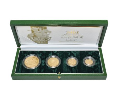 Elizabeth II, 4-Coin Gold Proof Sovereign Collection 2005 comprising: £5, double sovereign, sovereign &amp; half sovereign, t