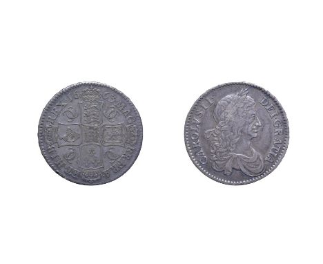 Charles II 1663 Halfcrown. Obv: First laureate and draped bust right. Rev: Cruciform shields, interlinked C's in angles. XV e