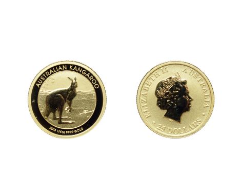 Australia, 2013 25 Dollars, 1/4 oz .9999 Gold. Obv: Fourth portrait facing right. Rev: Kangaroo in the outback. Brilliant Unc