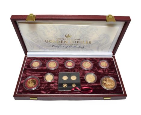 Elizabeth II, Golden Jubilee Gold Proof Set 2002, a 13-coin set comprising: £5 rev. AMOR POPULI etc around equestrian portrai