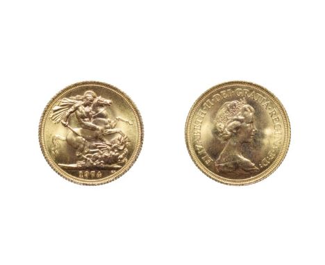 Elizabeth II, 1974 sovereign. Obv: Second portrait right. Rev: St. George and the dragon, 1974 in exergue. Extremely Fine