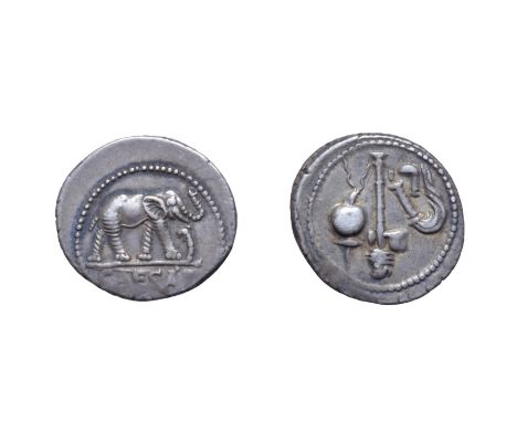 Julius Caesar Silver Denarius. Italian mint, 49 B.C. Obv: Elephant walking right, trampling serpent. Rev: Simpulum, sprinkler