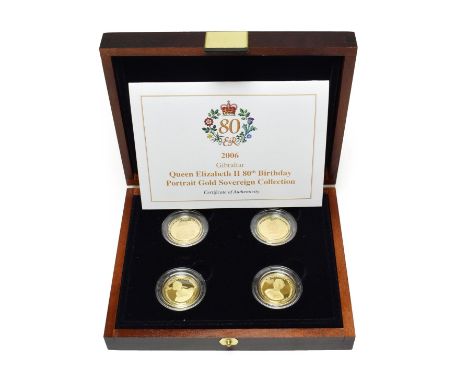 Gibraltar, 4-Coin Gold Proof Sovereign Collection 2006, commemorating the Queen's 80th birthday &amp; comprising 4 x gold pro