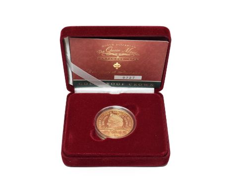 Elizabeth II, Gold Proof Crown 2000 'Queen Mother Centenary,' obv. Queen's portrait by Rank-Broadley, rev. dates 1900-2000 &a