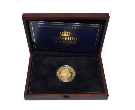 Guernsey, Gold Proof £5 2017 'Sapphire Jubilee,' obv. Queen's portrait by Rank Broadley, rev. by Michael Guilfoyle: 'HM QUEEN