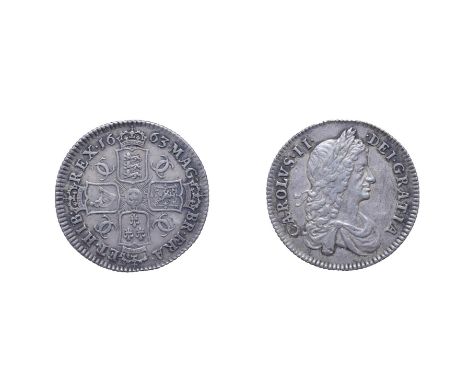 Charles II 1663 Shilling. Obv: First laureate and draped bust right. Rev: Cruciform shields, interlinked C's in angles. S. 33