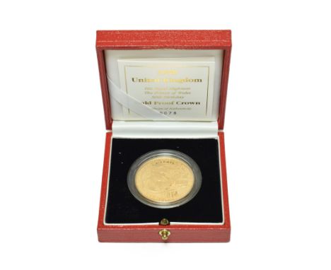 Elizabeth II, Gold Proof Crown 1998 'Prince of Wales 50th Birthday,' obv. Queen's portrait by Rank-Broadley, rev. portrait of