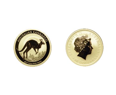 Australia, 2017 50 Dollars, 1/2 oz .999 Gold. Obv: Fourth portrait facing right. Rev: Kangaroo leaping right beside flora. Br
