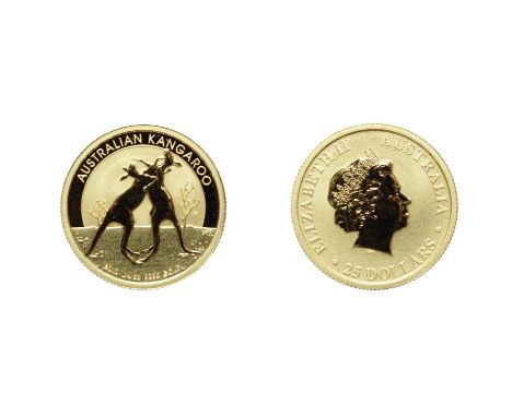 Australia, 2010 $25, 1/4 oz .9999 Gold. Obv: 4th portrait facing right. Rev: Two male kangaroos fighting. Brilliant Uncircula