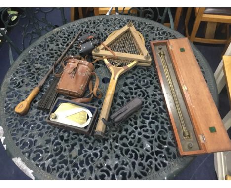 LOT OF INSTRUMENTS, including a cased rule, two pairs of field glasses, a vintage tennis racket and other objects
