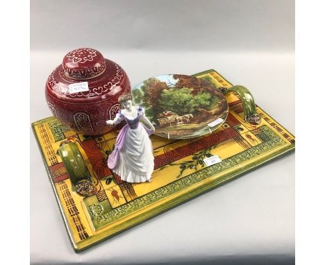 MODERN CERAMIC TRAY, along with a ginger jar, picture plate and a Royal Doulton figure of a female (4)