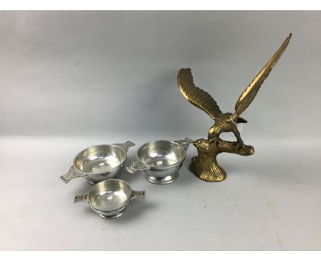 THREE PEWTER QUAICHS, along with brass ornaments, German beer steins, tankards, ceramic and wood figure ornaments