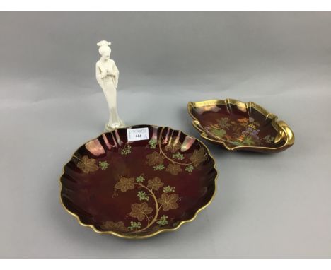 CARLTON WARE ROUGE ROYALE DISH, 24cm diameter, along with a Crown Devon leaf shaped dish, 21cm long and a composite figure of