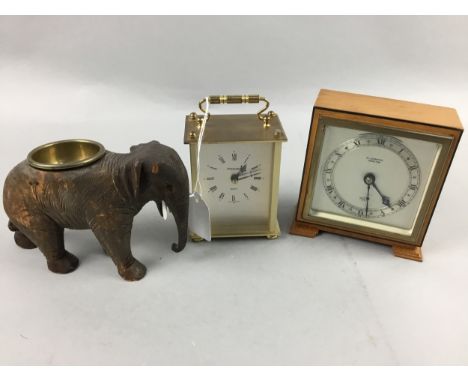 ELLIOTT MANTEL CLOCK IN OAK CASE, 13cm high, along with a carriage clock, brass and oak bed warming pan, two lidded boxes eac