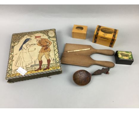 THREE SMALL MAUCHLINE BOXES, along with a small marriage spoon, pair of butter pats, lace bobbin and a WWI candy box